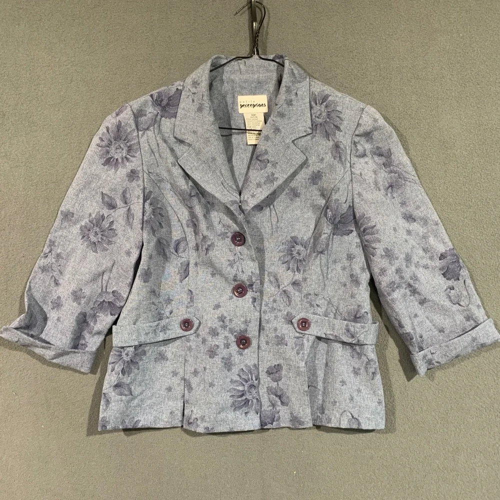 Petite‎ Perceptions Floral Blazer Pant Suit Set Blue Gray Women's Size 10P